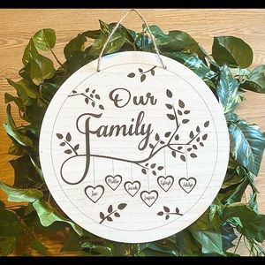 12 inch white wood round engraved and personalized with your family’s names.